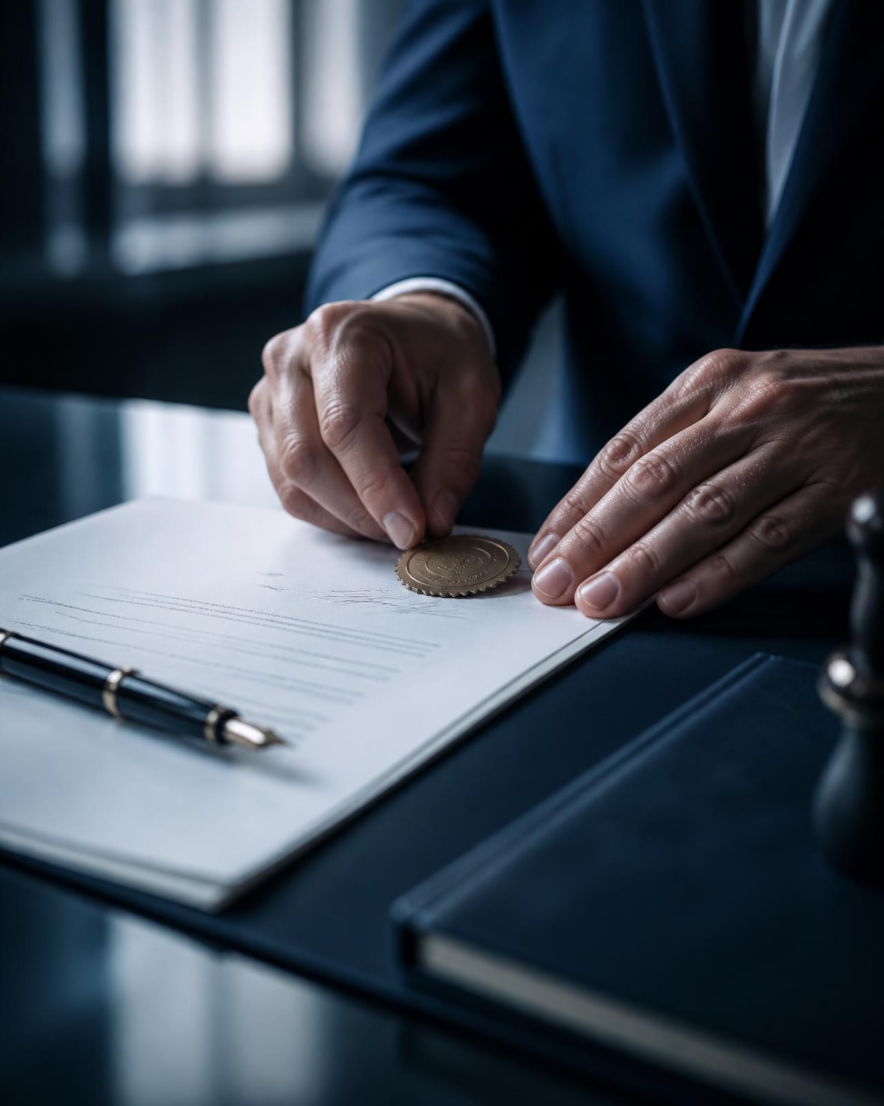 A mobile notary applying an embossed notary seal to a signed document